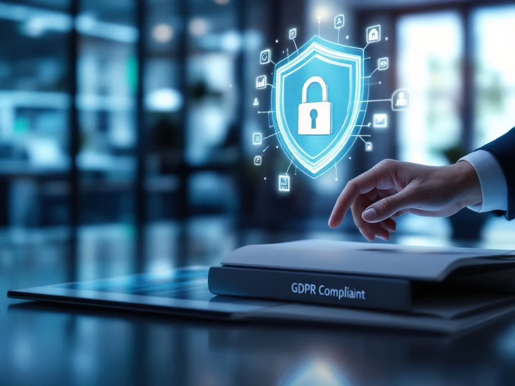 Modern office desk with tablet displaying data protection shield icon, GDPR folder, and business hand interacting with security interface