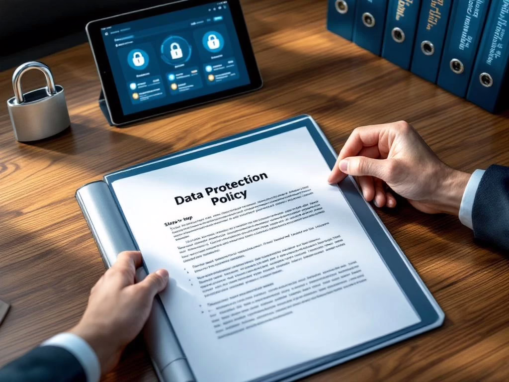 Professional assembling data protection policy in organized binder with security tablet, padlock, and classified folders on wooden desk.