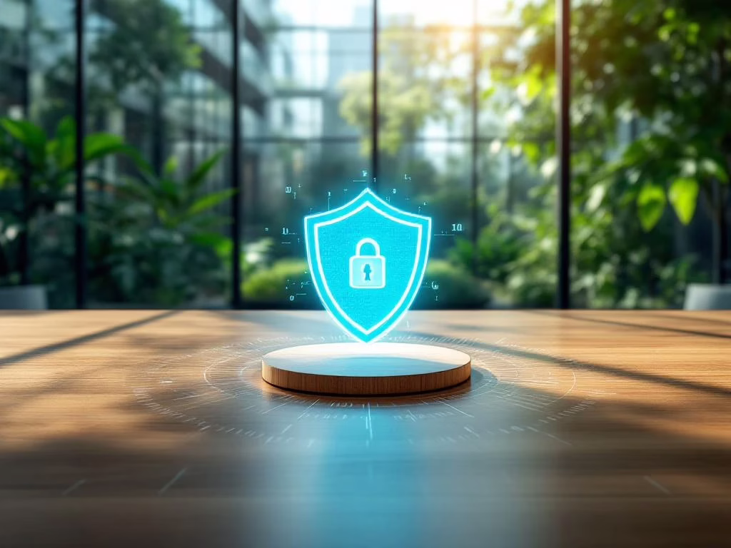 Digital shield protecting a 3D business model in a modern office with glass walls reflecting green gardens. Data security concept.