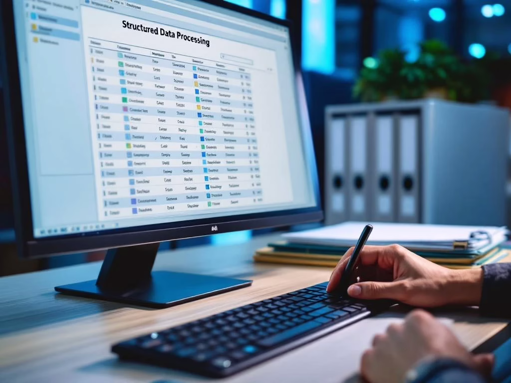 Professional hands organizing document folders at secure data management workspace with monitor and filing cabinet