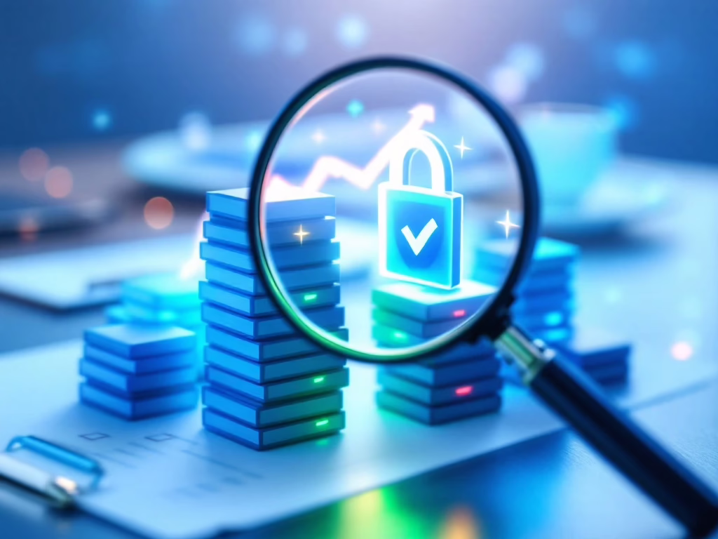 Magnifying glass examining 3D data blocks with compliance checkmark and shield icon over European outline, highlighting data protection standards.